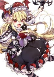 10s 1girl 218 adapted_costume bat_wings black_skirt blonde_hair bonnet fang female_focus flower frilled_skirt frills granblue_fantasy head_wings lantern lolita_fashion long_hair long_sleeves open_mouth pantyhose petticoat red_eyes red_flower red_rose rose shingeki_no_bahamut simple_background skirt solo striped_clothes striped_pantyhose vampire vampy white_background wings