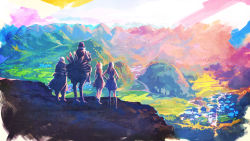 2boys 2girls blue_sky boco brown_hair bartz_klauser chocobo cliff cloud faris_scherwiz ff14yonah final_fantasy final_fantasy_v galuf_halm_baldesion grass grey_hair highres house lenna_charlotte_tycoon looking_afar mountain multiple_boys multiple_girls painting_(medium) pink_hair purple_hair sky sunlight town traditional_media tree village