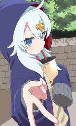1girl ahoge anime_coloring aqua_hair artist_request blue_eyes blue_hood brick bubble_tea disposable_cup_holder dragon_musume_ni_naritakunai! drinking_straw drinking_straw_in_mouth duel_masters from_above from_side grey_hair hair_ornament highres holding_disposable_cup_holder hood hooded_jacket hoodie jacket kumada_suzu long_sleeves looking_at_viewer necktie official_art open_clothes open_jacket outdoors plant purple_hood red_necktie sidelocks sleeves_past_fingers sleeves_past_wrists solo sweater_vest upper_body v vest white_hair yellow_vest