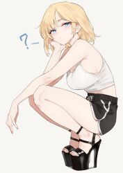 1girl ? absurdres bare_legs black_shoes black_shorts blonde_hair blue_eyes bluefield breasts cleavage feet fingernails full_body grey_background high_heel_sandals high_heels highres hololive hololive_english legs looking_at_viewer medium_breasts platform_heels sandals shoes short_hair shorts simple_background solo squatting strappy_heels thighs toenails toes virtual_youtuber watson_amelia