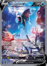 air_bubble animal_focus artist_name bubble card_(medium) character_name closed_mouth company_name copyright_name copyright_notice coral english_text fish full_body gen_4_pokemon half-closed_eyes ligton1225 lumineon nintendo no_humans official_art pink_eyes pokemon pokemon_(creature) pokemon_card pokemon_focus pokemon_tcg ripples seaweed smile solo third-party_source trading_card underwater