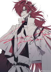 1boy absurdres artist_name belt black_belt buttons chinese_commentary cleavage_cutout closed_mouth clothing_cutout commentary_request cropped_jacket curtained_hair earclip earrings eyes_visible_through_hair fate/grand_order fate_(series) folded_ponytail hair_over_one_eye highres jacket japanese_clothes jewelry long_hair looking_ahead low_ponytail male_focus messy_hair multicolored_hair open_clothes open_jacket pectoral_cleavage pectorals plunging_neckline ponytail popped_collar red_eyes red_hair sample_watermark shoulder_boards simple_background skanroooo smile solo streaked_hair takasugi_shinsaku_(fate) tassel three-quarter_sleeves two-tone_hair watermark weibo_watermark white_background white_jacket white_streaks