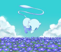 absurdres alternate_color blue_eyes cloud cloudy_sky creatures_(company) field floating flower flower_field full_body game_freak gen_1_pokemon highres legendary_pokemon looking_down mew_(pokemon) mythical_pokemon nintendo no_humans official_alternate_color outdoors pokemon pokemon_(creature) pokemon_focus purple_flower reaching shiny_pokemon shiratamint sky solo tail