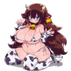 1girl animal_ears animal_print bell bikini black_collar blue_eyes blush breasts brown_hair cleavage closed_mouth collar commission cow_ears cow_horns cow_print cow_print_bikini cow_print_gloves cow_print_thighhighs cow_tail cowbell ear_tag elbow_gloves eyebrows_hidden_by_hair full_body gloves hair_between_eyes highres horns huge_breasts large_breasts long_hair looking_at_viewer micro_bikini navel original partially_fingerless_gloves plump print_bikini print_gloves print_thighhighs round_eyewear seiza shadow simple_background sitting smile solo stomach sweat swimsuit tail thick_thighs thighhighs thighs tsukinoha_mio very_long_hair white_background wide_hips