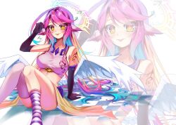 Rule 34 | 1girl, :p, angel, angel wings, animal ears, arm support, asymmetrical legwear, bird ears, breasts, commentary request, crop top, feathered wings, gloves, gradient hair, halo, highres, jibril (no game no life), large breasts, long hair, looking at viewer, low wings, magic circle, mismatched legwear, multicolored eyes, multicolored hair, naughty face, no game no life, pink hair, purple eyes, shun shuri, sitting, smile, solo, spiked halo, tattoo, thighs, tongue, tongue out, very long hair, white wings, wing ears, wings, yellow eyes