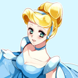 1girl animification ball_gown blonde_hair blue_dress blue_eyes choker cinderella_(disney_character) cinderella_(disney_movie) commentary_request company_connection dress elbow_gloves gloves gown hair_bun hair_up kurabayashi looking_at_viewer short_hair smile solo