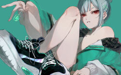 1boy absurdres aqua_background aqua_jacket bare_legs black_shoes blunt_bangs candy commentary food grey_hair hair_ornament hairpin highres holding holding_candy holding_food holding_lollipop jacket knees_up lollipop long_sleeves looking_at_viewer male_focus open_clothes open_jacket original red_eyes shimizu_en_(shimizuen3310) shoelaces shoes simple_background single_bare_shoulder single_off_shoulder sneakers solo v