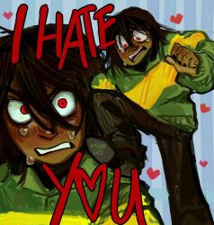 1other angry black_nails black_shoes brown_hair brown_pants clenched_teeth collared_shirt crying crying_with_eyes_open dark-skinned_male dark_skin deltarune despair desperation feet_up green_shirt hair_between_eyes highres knee_up kris_(deltarune) medium_hair messy_hair miao_go pants red_eyes shirt shoes spoilers standing stomping streaming_tears striped_clothes striped_shirt tearing_up tears teeth weird_route_(deltarune)
