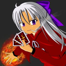 1girl bow capelet card cigarette dress fire half_updo holding holding_card long_hair m.u.g.e.n melty_blood pointy_ears pom_pom_(clothes) purple_bow purple_eyes pyrokinesis red_capelet red_len rorebo smile smoking solo tsukihime white_hair