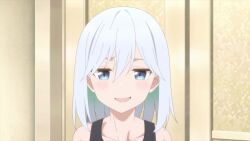 1girl :p amagami-san_chi_no_enmusubi amagami_asahi animated anime_screenshot black_sports_bra blue_eyes blush breasts collarbone grabbing_own_breast highres looking_at_viewer navel short_hair small_breasts sound sports_bra sportswear stomach tagme tongue tongue_out video white_hair