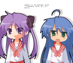 2girls ahoge blue_eyes blue_hair frown green_eyes happy highres hiiragi_kagami izumi_konata long_hair lucky_star meme multiple_girls neckerchief pink_neckerchief purple_hair red_sailor_collar red_skirt ryouou_school_uniform sailor_collar school_uniform skirt thea_(w_alladoo) twintails white_background