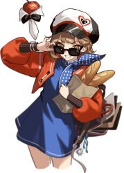 1girl adjusting_eyewear amamiyayk apple apple_(reverse:1999) backpack bag bag_charm black_bow black_bowtie blue_dress blue_neckerchief bow bowtie bread bright_pupils brown_hair charm_(object) cowboy_shot cropped_legs dress food fruit glint grin grocery_bag hand_on_eyewear hand_up hat highres holding holding_bag jacket long_sleeves neckerchief newsboy_cap open_bag orange_eyes paper_bag polka_dot_neckerchief puffy_long_sleeves puffy_sleeves record_jacket red_jacket regulus_(reverse:1999) reverse:1999 shopping_bag short_dress short_hair smile solo sunglasses traditional_bowtie v-shaped_eyebrows white_background white_pupils
