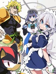 2girls 3boys :| absurdres apron belt bill_cipher black_gloves black_shirt black_sleeve_cuffs black_thighhighs blonde_hair blue_bow blue_bowtie blue_dress blue_eyes blue_hair bodysuit bodysuit_under_clothes bongfill bow bowtie braid breasts brooch buckle cleavage_cutout closed_mouth clothing_cutout crop_top crossover dio_brando dress eyelashes frilled_apron frilled_dress frills furry gloves gravity_falls green_belt green_ribbon heart heart-shaped_gem heart_brooch hedgehog hedgehog_boy highres holding holding_knife hololive hololive_english izayoi_sakuya jacket jewelry jojo_no_kimyou_na_bouken juliet_sleeves knife lapels large_breasts leather leather_jacket long_sleeves looking_at_viewer maid maid_apron maid_headdress messy_hair multiple_belts multiple_boys multiple_crossover multiple_girls multiple_knives notched_lapels ouro_kronii ouro_kronii_(1st_costume) pants pinstripe_pattern pinstripe_shirt pointing pointing_at_self puffy_short_sleeves puffy_sleeves red_eyes ribbon sailor_collar shadow_the_hedgehog shirt short_hair short_sleeves sleeveless sleeveless_shirt small_breasts smile sonic_(series) standing thick_eyebrows thighhighs trait_connection waist_apron white_background white_bow white_sailor_collar white_shirt white_wrist_cuffs wrist_cuffs yellow_bodysuit yellow_pants yellow_wrist_cuffs zipper