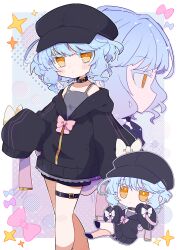1girl :| absurdres bare_legs bare_shoulders black_choker black_hat black_hoodie blue_hair border borrowed_character bow bright_pupils camisole chibi choker closed_mouth colored_eyelashes commission gradient_background grey_camisole hat highres hood hoodie jitome k6r_ss multiple_views original pale_skin partially_unzipped pink_bow second-party_source short_hair sidelocks skeb_commission swept_bangs thigh_strap wavy_hair white_border white_pupils yellow_eyes zipper
