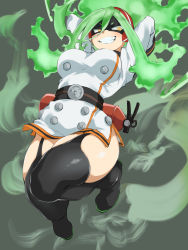 1girl arms_behind_head arms_up belt black_belt black_mask black_thighhighs boku_no_hero_academia breasts burnin_(boku_no_hero_academia) clenched_teeth curvy domino_mask eyebrows eyebrows_visible_through_mask fangs fiery_hair fire_extinguisher fukuinu full_body garter_straps gradient_hair green_hair grin hair_between_eyes hairband high highres jumping kamiji_moe large_breasts looking_at_viewer mask multicolored_hair simple_background smile solo steam studded teeth thick_thighs thighhighs thighs underboob v-shaped_eyebrows