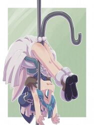 1boy animal_hat ass black_shoes blue_eyes blue_hair border dress full_body green_background hanging hat highres legs made_in_abyss male_focus maruruk open_mouth outside_border panties pole shoes short_hair short_sleeves shota solo suspension tail thighs trap underwear upside-down wavy_mouth white_border white_panties ximu_shilang