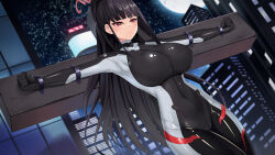 1girl blue_archive bodysuit breasts building city crucifixion halo high_ponytail latex latex_bodysuit long_hair night ponytail red_eyes restrained rio_(blue_archive) rio_(bodysuit)_(blue_archive) solo yasume_yukito