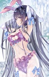 1girl absurdres animal_ears armpits black_hair blue_bow bow breasts cleavage cleavage_cutout clothing_cutout commentary cowboy_shot elbow_gloves fake_animal_ears gloves heart heart_o-ring highres large_breasts long_hair navel o-ring original pantyhose parted_lips purple_eyes rabbit_ears solo stomach very_long_hair wasemkn water wet white_gloves white_pantyhose