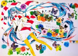 ! 1girl ? absurdly_long_hair absurdres arifureta_sekai_seifuku_(vocaloid) asagi_kino bandaid bandaid_on_face bandaid_on_nose black_sleeves blue_hair bug bunting butterfly commentary_request dress flower foot_out_of_frame hair_between_eyes half-closed_eyes hand_on_own_chest hatsune_miku highres insect layered_clothes leaf long_hair masking_tape_(medium) mixed_media pantyhose plant red_scarf safety_pin scarf sewing_pin sidelocks solo song_name striped_clothes striped_scarf swept_bangs three-quarter_sleeves traditional_media twintails unconventional_media very_long_hair vocaloid white_background white_dress white_scarf yellow_pantyhose
