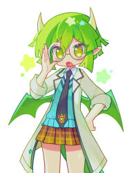 1girl absurdres adjusting_eyewear alternate_costume bespectacled black_necktie blush brown_skirt draco_centauros dragon_girl dragon_horns dragon_tail dragon_wings fang glasses green_eyes green_hair highres horns necktie offbeat open_mouth pleated_skirt pointy_ears puyopuyo puyopuyo_quest round_eyewear short_hair skirt solo tail wings
