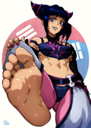 1girl absurdres barefoot black_hair breasts feet gravydood grin hair_horns han_juri hand_on_own_knee highres large_breasts light_blush long_hair looking_at_viewer midriff navel purple_eyes smile soles street_fighter thatpersonaguy toes toned