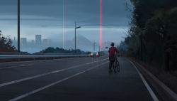 Rule 34 | 1boy, ambiguous gender, bicycle, bicycle helmet, blue sky, car, city, city lights, cloud, cloudy sky, commentary, commentary request, dusk, english commentary, facing away, from behind, gen 4 pokemon, guard rail, helmet, lamppost, laser, male focus, mixed-language commentary, motor vehicle, mountain, nintendo, outdoors, pants, pixiescout, pokemon, pokemon (creature), pokemon swsh, pushing bicycle, red shirt, road, rotom, rotom phone, shirt, sky, solo, tree, victor (pokemon), walking, wide shot, wyndon