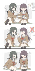 2girls animalization bang_dream! bang_dream!_it&#039;s_mygo!!!!! black_hair black_socks blue_eyes bow bowtie brown_dress commentary_request crossed_legs dress food_theft hanasakigawa_school_uniform highres kaname_raana kneehighs lehcar long_hair long_sleeves mole mole_under_eye multiple_girls open_mouth pleated_dress purple_eyes raana_the_cat red_bow red_bowtie sailor_dress school_uniform shiina_taki sitting smile socks squiggle sweatdrop yahata_umiri