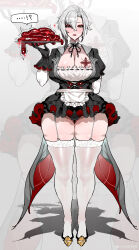 ... 1girl alternate_costume apron arlecchino_(genshin_impact) b.sa_(bbbs) bad_tag black_eyes black_gloves blush breast_tattoo breasts cleavage dress enmaided food frills full_body garter_straps genshin_impact gloves grey_hair hair_between_eyes heart highres holding large_breasts looking_at_viewer maid maid_apron maid_headdress multicolored_hair short_hair skindentation solo spoken_ellipsis symbol-shaped_pupils tattoo thick_thighs thighhighs thighs white_hair white_thighhighs