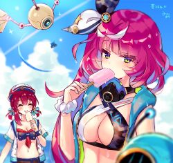 2girls albea_(swimsuit)_(ta_ga_tame_no_alchemist) albea_(ta_ga_tame_no_alchemist) bertha_(ta_ga_tame_no_alchemist) blue_hair blurry closed_eyes cloud crossed_bangs drone food green_eyes hair_between_eyes hand_up hat licking long_hair looking_at_viewer mikan_ame_(gumi) mouth_hold multicolored_hair multiple_girls official_alternate_costume official_art one_side_up popsicle purple_hair red_hair scrunchie short_sleeves sky solo_focus summer swimsuit ta_ga_tame_no_alchemist tongue tongue_out two-tone_hair upper_body wet wet_hair