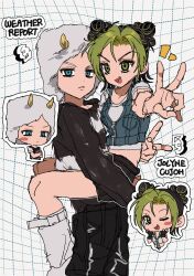 Rule 34 | 1boy, 1girl, :d, absurdres, aqua eyes, arrow (symbol), black hair, black pants, black shorts, brown shirt, character name, chibi, chibi inset, crop top, cropped shirt, cropped vest, denim vest, double bun, fake horns, fang, fu r y, fur hat, green eyes, green hair, grid background, hair bun, hat, highres, horned hat, horned headwear, horns, jojo no kimyou na bouken, kuujou jolyne, lifting person, multicolored hair, open mouth, outline, pants, shirt, shoes, shorts, smile, stone ocean, two-tone hair, v, vest, weather report, white outline, white shirt, white shoes