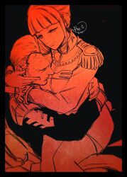 1girl bohe breasts cecilia_irene chair gihren_zabi gundam gundam_gquuuuuux highres hug jacket military military_uniform monochrome red_theme short_hair sitting sitting_on_person skirt zeon