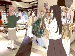 3girls akihabara_(tokyo) atre_akihabara black_footwear blue_eyes brown_footwear brown_hair brown_shirt brown_skirt cardigan cellphone closed_eyes collage display_board flower from_behind from_side green_hoodie green_jacket hair_flower hair_ornament hairband highres holding holding_phone hood hooded_jacket hoodie jacket light_brown_hair long_hair loose_socks medium_hair miwa_ai multiple_girls namori oomuro-ke oomuro_nadeshiko oomuro_sakurako open_mouth phone photo_(medium) photo_background pocket shirt skirt smartphone smile socks sonokawa_megumi taking_picture v white_cardigan white_shirt white_skirt yaeno_miho yellow_cardigan yuruyuri