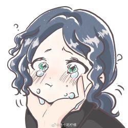 1boy :t ? black_shirt blue_hair blush chinese_commentary closed_mouth collared_shirt commentary_request confused crying crying_with_eyes_open dot_nose frown furrowed_brow grabbing_another&#039;s_chin green_eyes hand_on_another&#039;s_chin highres long_hair low_ponytail male_focus motion_lines nikki_(series) ponytail pout shining_nikki shirt simple_background solo_focus teardrop tears vulture_(shining_nikki) watermark wavy_hair weibo_watermark white_background xiaoyu_qixing