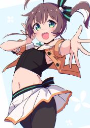 1girl :d absurdres ahoge bare_shoulders black_camisole black_pantyhose blue_background blush brown_hair brown_jacket camisole crop_top cropped_jacket floral_background green_eyes highres hololive jacket midriff natsuiro_matsuri natsuiro_matsuri_(1st_costume) navel off-shoulder_jacket off_shoulder okota_mikan open_mouth pantyhose pleated_skirt puffy_short_sleeves puffy_sleeves short_sleeves side_ponytail skirt smile solo teeth two-tone_background upper_teeth_only virtual_youtuber white_background white_skirt