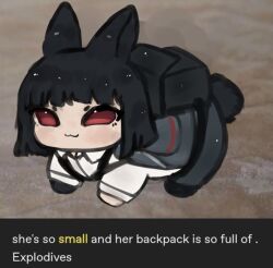 1girl :3 animal_ears animalization backpack bag black_coat black_gloves black_hair black_pants bob_cut coat collared_shirt english_text gloves limbus_company pants project_moon r_breadd rabbit_ears rabbit_girl rabbit_tail red_eyes ryoshu_(project_moon) shirt single_glove solo tail white_shirt