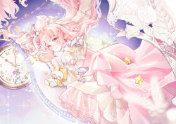 1girl =_= absurdres ahoge animal animal_on_shoulder beads bow bowtie braid brown_eyes buttons cat cloak closed_eyes closed_mouth clothed_animal crown_braid dress drooling ear_covers eyelashes floating_hair frilled_dress frills gown hair_beads hair_bow hair_ornament hairband hammock happy highres hood hood_up hooded_cloak juliet_sleeves lace_hairband large_bow layered_dress light_blush long_dress long_hair long_sleeves looking_ahead lying miracle_nikki momo_(nikki) navel nikki_(nikki) nikki_(series) on_hammock on_side open_mouth orange_bow orange_bowtie own_hands_together pink_dress pink_hair pocket_watch puffy_sleeves purple_background purple_bow rabbit sleeping sleeve_garter smile sparkle star_(symbol) traditional_bowtie very_long_hair watch watermark wavy_hair weibo_watermark whiskers white_bow white_cat white_dress white_garter white_hairband xiaoyu_qixing yellow_cloak