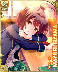1girl :o ahoge bike_shorts bow bowtie brown_eyes brown_hair card_(medium) eveing female_focus girlfriend_(kari) green_bow green_bowtie indoors official_art ooyama_mayuri open_mouth plaid_clothes plaid_skirt pleated_skirt qp:flapper school_uniform shirt short_hair sitting skirt socks solo white_shirt