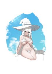 1girl absurdres bare_arms bare_shoulders bikini blue_eyes breasts cleavage closed_mouth commentary_request commission cropped_legs dansoon expressionless halterneck hat highres korean_commentary large_breasts long_hair looking_at_viewer navel original sitting skindentation solo stomach string_bikini suggestive_fluid swimsuit thighs unfinished very_long_hair white_bikini white_hair white_hat witch_hat
