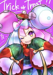 Rule 34 | 1girl, blue hair, bow-shaped hair, character hair ornament, dress, eyelashes, hair ornament, hat, highres, iono (fall 2024) (pokemon), iono (pokemon), jiangshi costume, long hair, long sleeves, looking at viewer, meta-g (curc8737), multicolored hair, nintendo, official alternate costume, one eye closed, pink background, pink eyes, pink hair, pokemon, pokemon masters ex, sharp teeth, sleeves past wrists, smile, solo, teeth, trick or treat, two-tone hair, upper body, wide sleeves