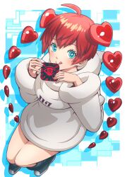 1girl :q ahoge android blue_background blue_eyes bright_pupils detached_hair hair_between_eyes heart heart-shaped_hair highres hood hoodie light_blush long_sleeves looking_at_viewer masatoshi_1219 persona persona_5 persona_5_scramble:_the_phantom_strikers red_hair smile solo sophia_(p5s) tongue tongue_out twintails white_hoodie white_pupils wide_sleeves