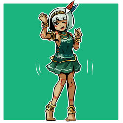 1girl :d anklet asatsuki_(cookie) bangle barefoot black_eyes blunt_bangs bob_cut bracelet breasts cookie_(touhou) dancing facepaint feather_hair_ornament feathers full_body gold gold_hairband gold_necklace green_background green_shirt green_skirt grey_hair hair_ornament hairband ikiume jewelry konpaku_youmu looking_at_viewer necklace one_eye_closed open_mouth shirt short_hair shoulder_tattoo simple_background skirt skirt_set sleeveless sleeveless_shirt small_breasts smile solo tan tattoo touhou tribal_tattoo two-tone_background white_background