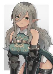 1girl absurdres armor bare_shoulders border breasts brown_hair closed_mouth dark-skinned_female dark_skin detached_sleeves elbow_gloves elf girls_band_cry girls_band_cry_rpg gloves green_eyes hair_between_eyes highres long_hair looking_at_viewer mole mole_under_eye open_mouth pointy_ears rrtp rupa_(girls_band_cry) shirt short_hair simple_background smile solo thighhighs white_border