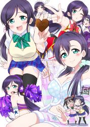 2girls birthday black_hair blush breasts cleavage commentary finger_gun flat_chest flat_chest_grab grabbing_another&#039;s_breast green_eyes grin groping highres large_breasts long_hair looking_at_viewer love_live! love_live!_school_idol_project low_twintails multiple_girls multiple_views one_eye_closed otonokizaka_school_uniform pom_pom_(cheerleading) purple_hair school_uniform smile symbol-only_commentary takaramonozu tojo_nozomi twintails watermark yazawa_nico zero-theme
