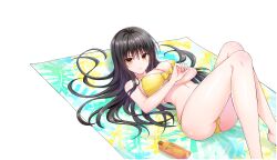 1girl ass barefoot bikini black_hair breasts brown_eyes cleavage dolphin_wave feet highres knees_up kotegawa_yui large_breasts legs long_hair looking_at_viewer lotion lying navel non-web_source official_art on_back ootomo_takuji solo sunscreen swimsuit to_love-ru to_love-ru_darkness toenails toes towel transparent_background yellow_bikini