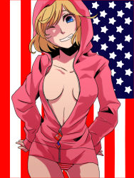 1girl america_(hetalia) axis_powers_hetalia az0212 bad_id bad_pixiv_id blonde_hair blue_eyes breasts cleavage female_focus genderswap genderswap_(mtf) hood hoodie no_bra one_eye_closed panties solo striped_clothes striped_panties underwear wink