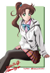 Rule 34 | 1girl, bishoujo senshi sailor moon, bow, brown hair, dated, green eyes, highres, kino makoto, kneehighs, long hair, long sleeves, pink shirt, plaid clothes, plaid skirt, ponytail, shirt, skirt, sleeves past wrists, smile, socks, solo, sweater, tomizofu, twitter username, white sweater