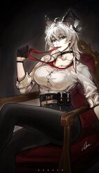 Rule 34 | 1girl, ahoge, artist name, black choker, black gloves, black horns, black pants, breasts, button gap, choker, collarbone, commentary, curled horns, deka yo, feet out of frame, gloves, grey hair, hair between eyes, hashtag-only commentary, high-waist pants, highres, horns, large breasts, long hair, looking at viewer, loose necktie, mouth hold, necktie, pants, red eyes, red necktie, shirt, shirt tucked in, signature, sitting, solo, white shirt, wuthering waves, zani (wuthering waves)