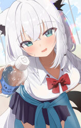 Rule 34 | 1girl, alternate costume, animal ear fluff, animal ears, aqua eyes, black skirt, blush, bottle, breasts, clothes around waist, collared shirt, fox ears, fox girl, hair between eyes, highres, holding, hololive, jacket, jacket around waist, kurushiro1102, large breasts, leaning forward, long hair, open mouth, pleated skirt, shirakami fubuki, shirt, skirt, smile, solo, virtual youtuber, water bottle, white hair, white shirt