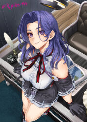 1girl atlas_(book) black_capelet black_gloves black_skirt breasts capelet chair commentary_request desk dress_shirt gloves hair_between_eyes halo ifuji_shinsen inkwell kantai_collection large_breasts looking_at_viewer map mechanical_halo pleated_skirt purple_eyes purple_hair quill shirt short_hair sitting skirt sleeveless sleeveless_shirt smile solo tatsuta_(kancolle) tatsuta_kai_ni_(kancolle) white_shirt