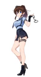 Rule 34 | 1girl, armband, belt, belt buckle, black belt, black boots, black gloves, black shorts, blue armband, blue eyes, blue hat, blue necktie, blue shirt, blue skirt, blush, boots, breast pocket, brown hair, buckle, chest harness, collared shirt, concept police (idolmaster), cuffs, dot nose, emblem, fingerless gloves, from side, full body, garrison cap, garter straps, gloves, handcuffs, harness, hat, highres, idolmaster, idolmaster million live!, idolmaster million live! theater days, kamille (vcx68), looking at viewer, mini hat, miniskirt, necktie, pencil skirt, pleated skirt, pocket, police, police badge, police uniform, policewoman, ponytail, redrawn, satake minako, shirt, shirt tucked in, short shorts, short sleeves, shorts, side slit, simple background, skindentation, skirt, smile, solo, thigh strap, tilted headwear, white background, zipper, zipper pull tab, zipper skirt